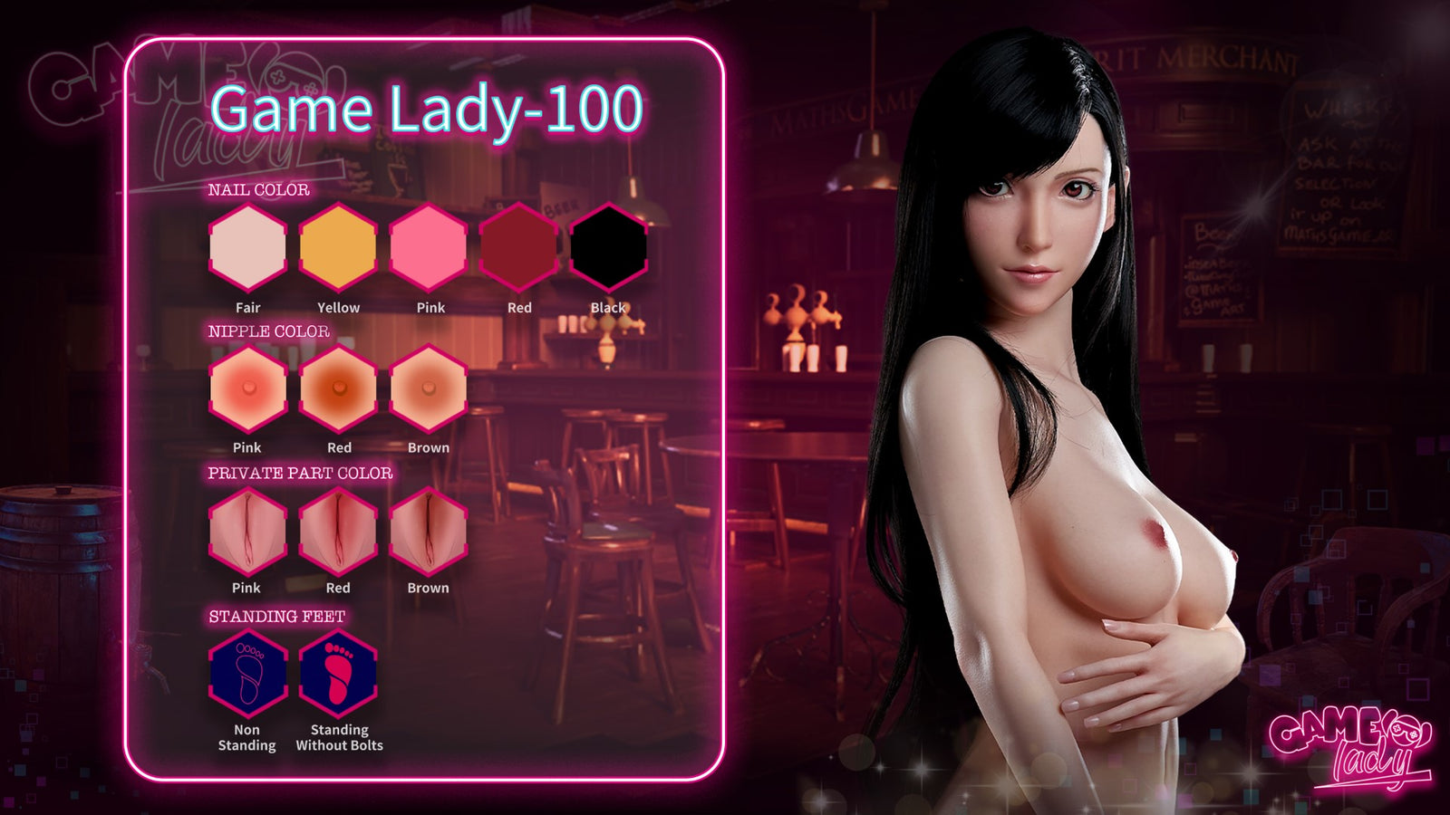 Game Lady Doll 100cm – valbara hudtoner, bröstfärger och stående/flexibla poser i premium silikon.