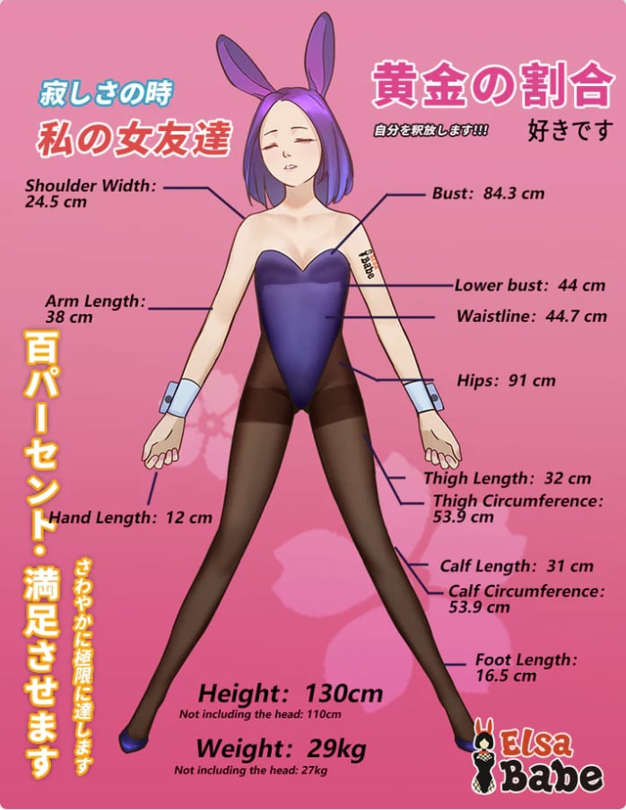 Elsa Babe Molly 130 cm seksa lelle - ķermeņa mērījumu tabula ar J līknēm, krūšu izmērs 84,3 cm un kopējais svars 29 kg