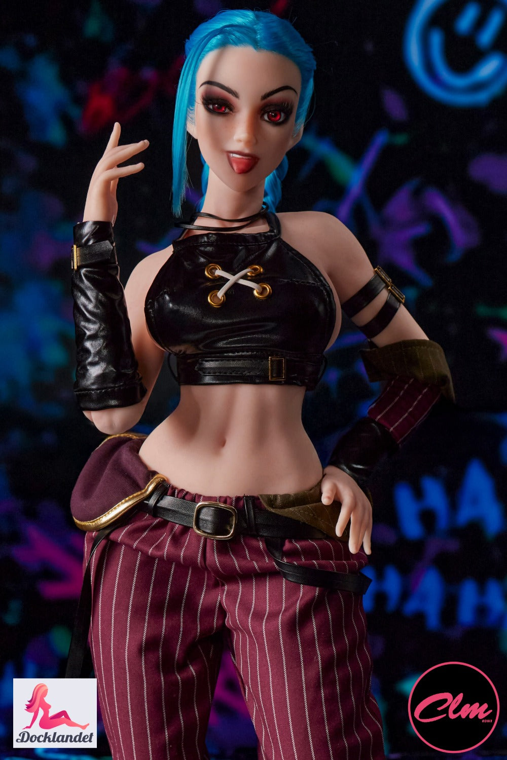 Climax Lelle Jetta silikona mini lelle ar sarkanām acīm anime izskatu, ziliem matiem un uzpūtīgu cosplay stilu