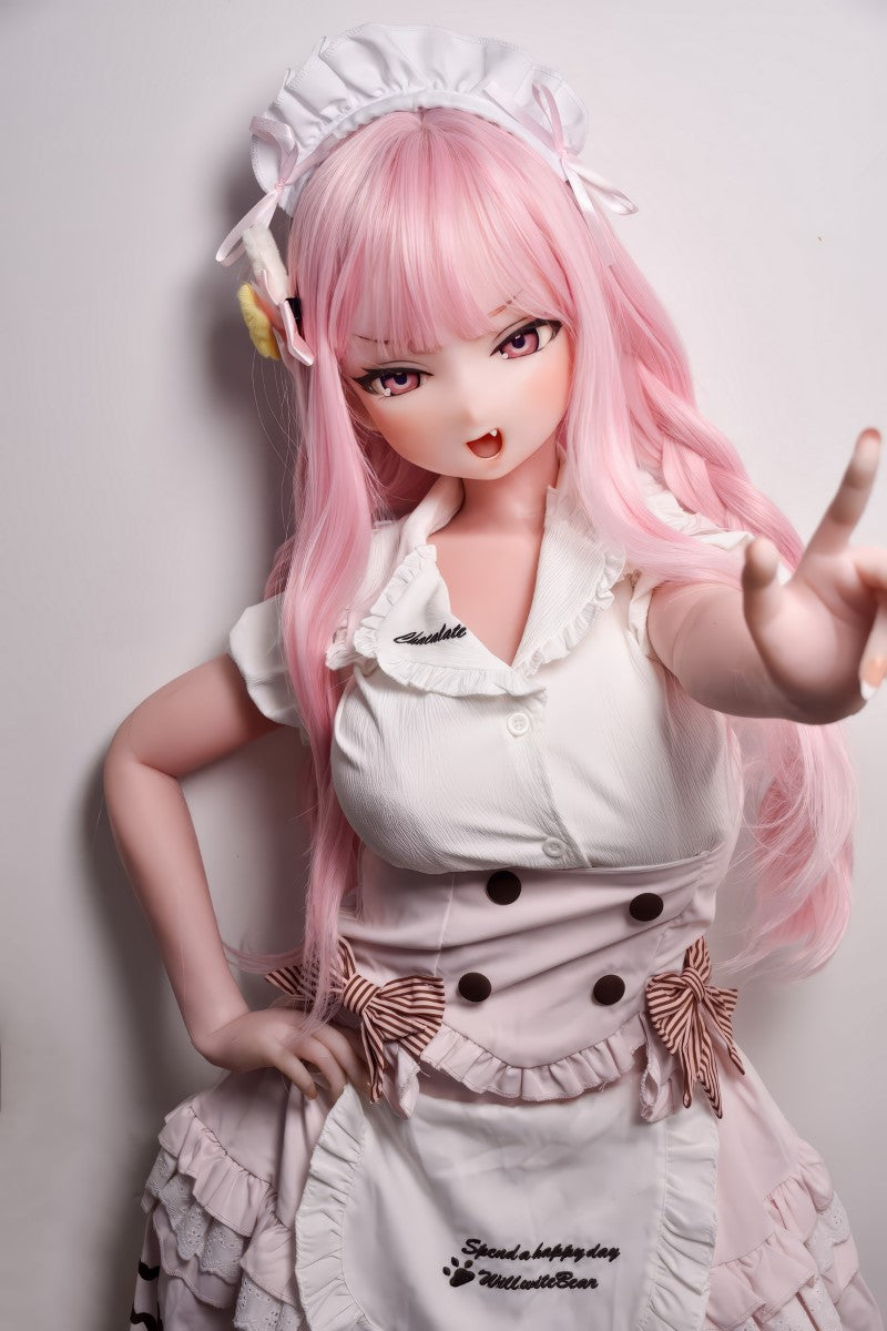 Anime-inspired sex doll Ogawa Rika poses in a white dress